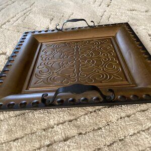 Large Vintage  Square Antique Gold Metal Tray with Handles
